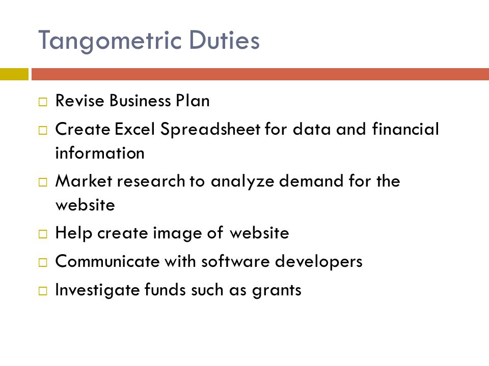 Tangometric Duties  Revise Business Plan  Create Excel Spreadsheet for data and financial information  Market research to analyze demand for the website  Help create image of website  Communicate with software developers  Investigate funds such as grants