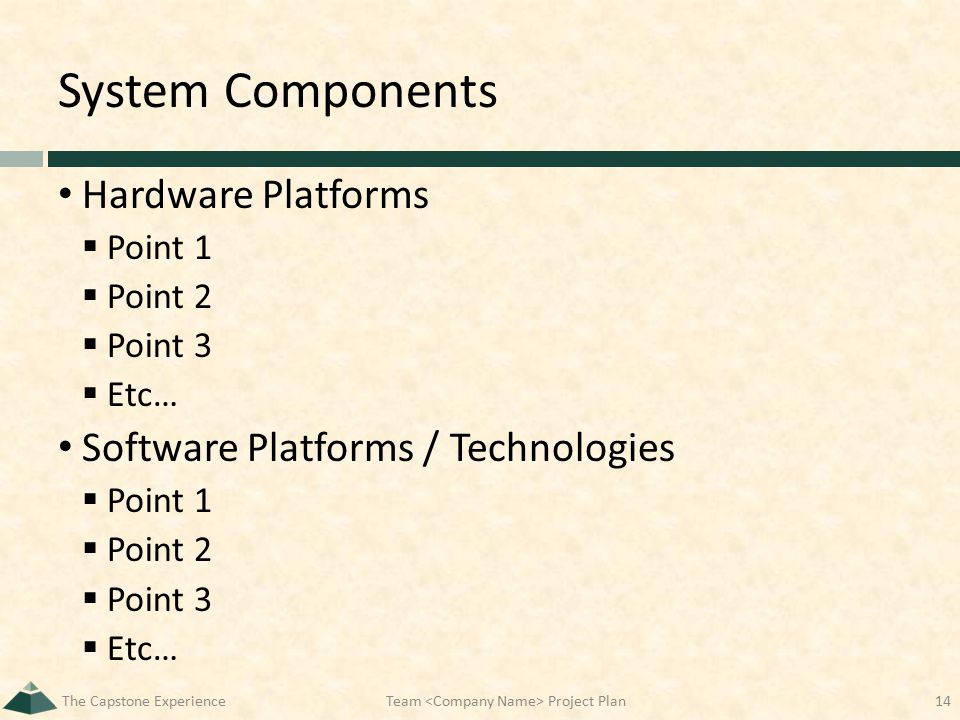 System Components Hardware Platforms  Point 1  Point 2  Point 3  Etc… Software Platforms / Technologies  Point 1  Point 2  Point 3  Etc… The Capstone ExperienceTeam Project Plan14