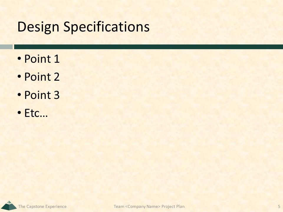 Design Specifications Point 1 Point 2 Point 3 Etc… The Capstone ExperienceTeam Project Plan5