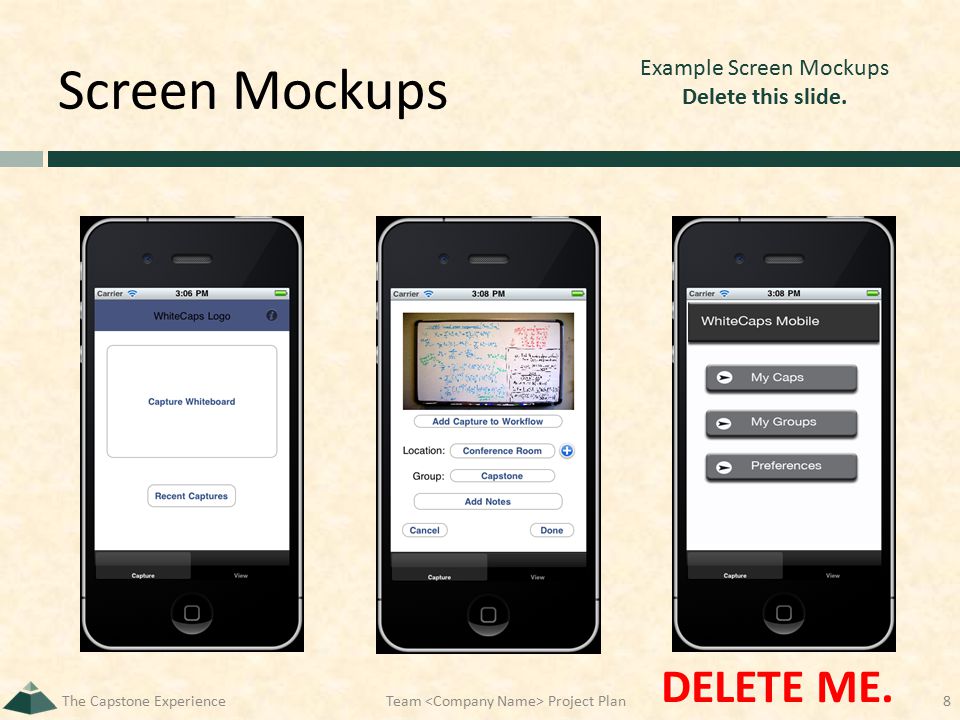 Screen Mockups The Capstone Experience8 Example Screen Mockups Delete this slide.
