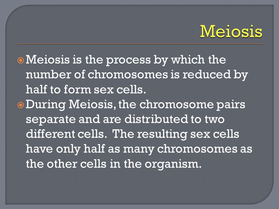  Meiosis is the process by which the number of chromosomes is reduced by half to form sex cells.