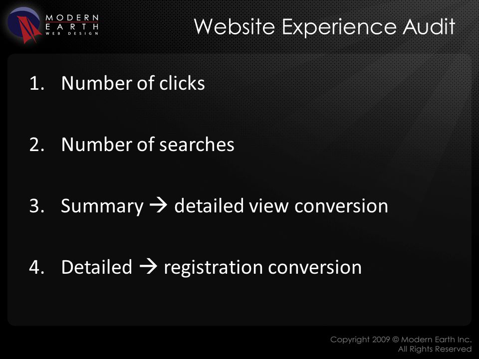 1.Number of clicks 2.Number of searches 3.Summary  detailed view conversion 4.Detailed  registration conversion