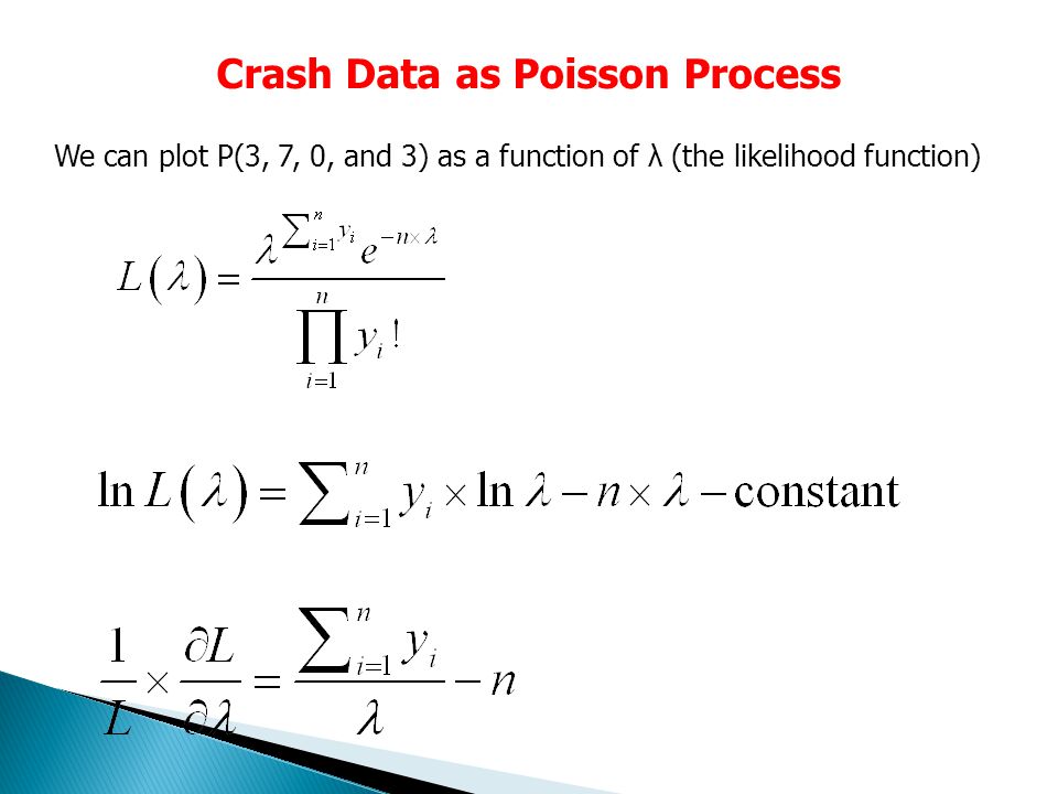 Crash Data as Poisson Process We can plot P(3, 7, 0, and 3) as a function of λ (the likelihood function)