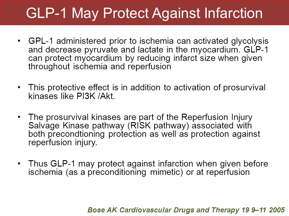 GLP-1 May Protect Against Infarction GPL-1 administered prior to ischemia can activated glycolysis and decrease pyruvate and lactate in the myocardium.