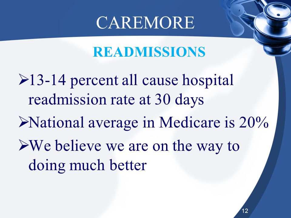 12  percent all cause hospital readmission rate at 30 days  National average in Medicare is 20%  We believe we are on the way to doing much better CAREMORE READMISSIONS
