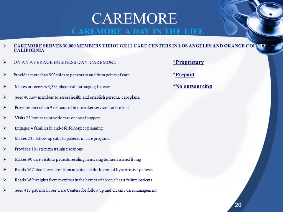 20 CAREMORE  CAREMORE SERVES 30,000 MEMBERS THROUGH 11 CARE CENTERS IN LOS ANGELES AND ORANGE COUNTY CALIFORNIA  ON AN AVERAGE BUSINESS DAY, CAREMORE… *Proprietary  Provides more than 900 rides to patients to and from points of care *Prepaid  Makes or receives 3,385 phone calls arranging for care *No outsourcing  Sees 40 new members to assess health and establish personal care plans.