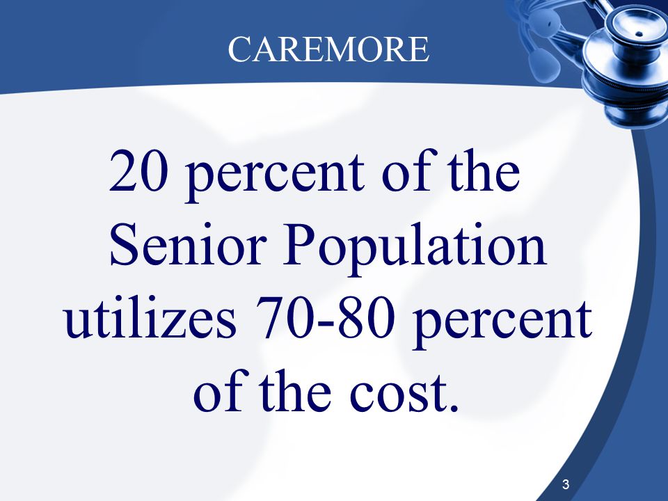 3 CAREMORE 20 percent of the Senior Population utilizes percent of the cost.