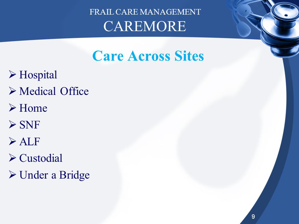 9 CAREMORE Care Across Sites  Hospital  Medical Office  Home  SNF  ALF  Custodial  Under a Bridge FRAIL CARE MANAGEMENT