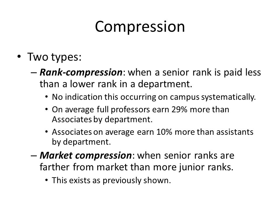 Compression Two types: – Rank-compression: when a senior rank is paid less than a lower rank in a department.