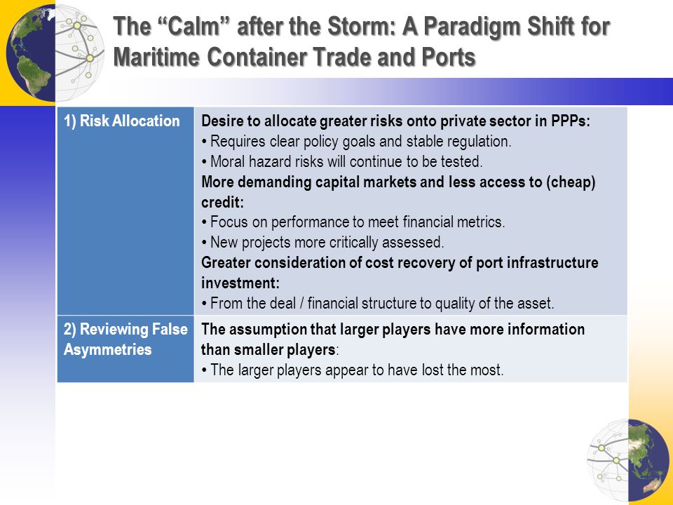The Calm after the Storm: A Paradigm Shift for Maritime Container Trade and Ports 1) Risk AllocationDesire to allocate greater risks onto private sector in PPPs: Requires clear policy goals and stable regulation.