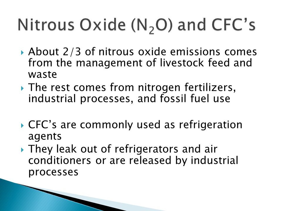  About 2/3 of nitrous oxide emissions comes from the management of livestock feed and waste  The rest comes from nitrogen fertilizers, industrial processes, and fossil fuel use  CFC’s are commonly used as refrigeration agents  They leak out of refrigerators and air conditioners or are released by industrial processes