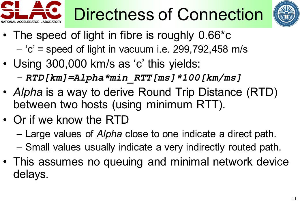 Directness of Connection 11 The speed of light in fibre is roughly 0.66*c –‘c’ = speed of light in vacuum i.e.