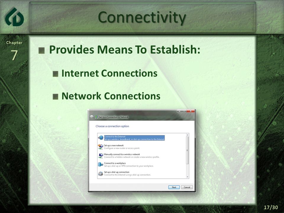 Chapter7 17/30 Connectivity Provides Means To Establish: Internet Connections Network Connections