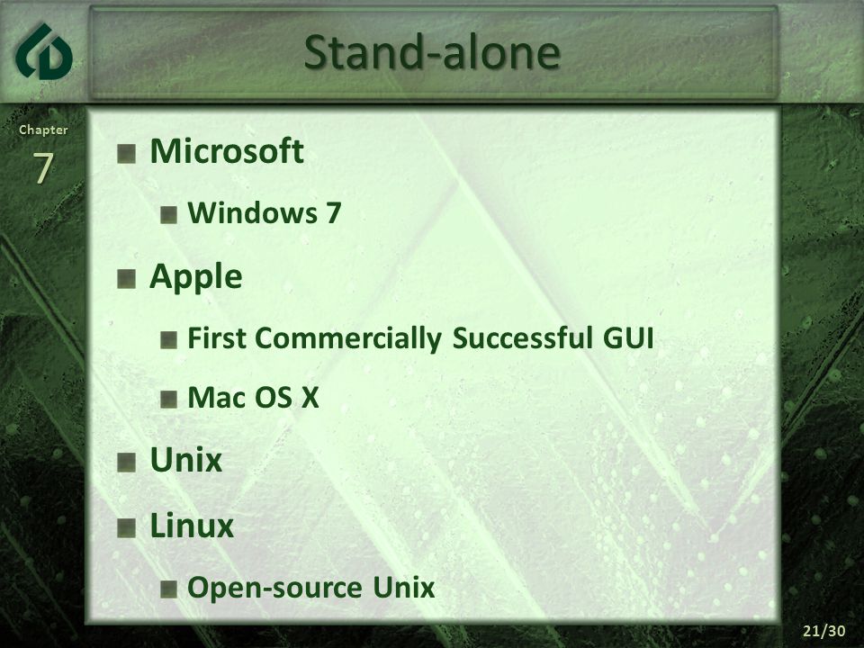 Chapter7 21/30 Stand-alone Microsoft Windows 7 Apple First Commercially Successful GUI Mac OS X Unix Linux Open-source Unix