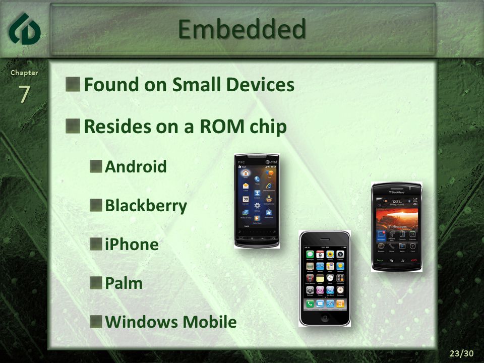 Chapter7 23/30 Embedded Found on Small Devices Resides on a ROM chip Android Blackberry iPhone Palm Windows Mobile