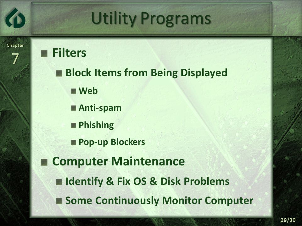 Chapter7 29/30 Utility Programs Filters Block Items from Being Displayed Web Anti-spam Phishing Pop-up Blockers Computer Maintenance Identify & Fix OS & Disk Problems Some Continuously Monitor Computer