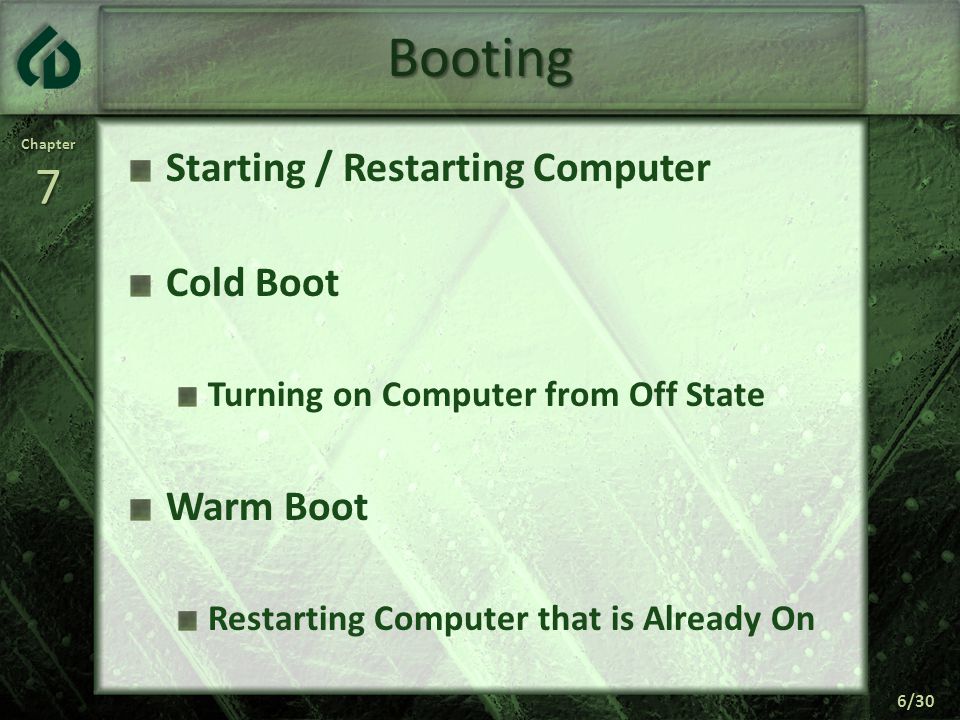 Chapter7 6/30 Booting Starting / Restarting Computer Cold Boot Turning on Computer from Off State Warm Boot Restarting Computer that is Already On
