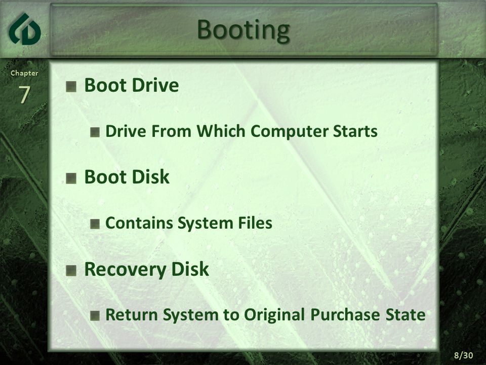 Chapter7 8/30 Booting Boot Drive Drive From Which Computer Starts Boot Disk Contains System Files Recovery Disk Return System to Original Purchase State