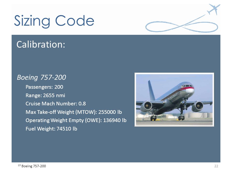 Sizing Code Calibration: Boeing Passengers: 200 Range: 2655 nmi Cruise Mach Number: 0.8 Max Take-off Weight (MTOW): lb Operating Weight Empty (OWE): lb Fuel Weight: lb 13 Boeing