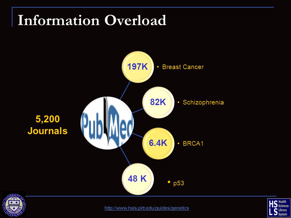 Information Overload 197K Breast Cancer 82K Schizophrenia 6.4K BRCA1 48 K p53 5,200 Journals