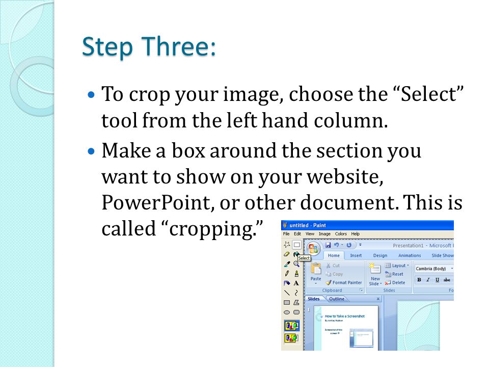 Step Three: To crop your image, choose the Select tool from the left hand column.