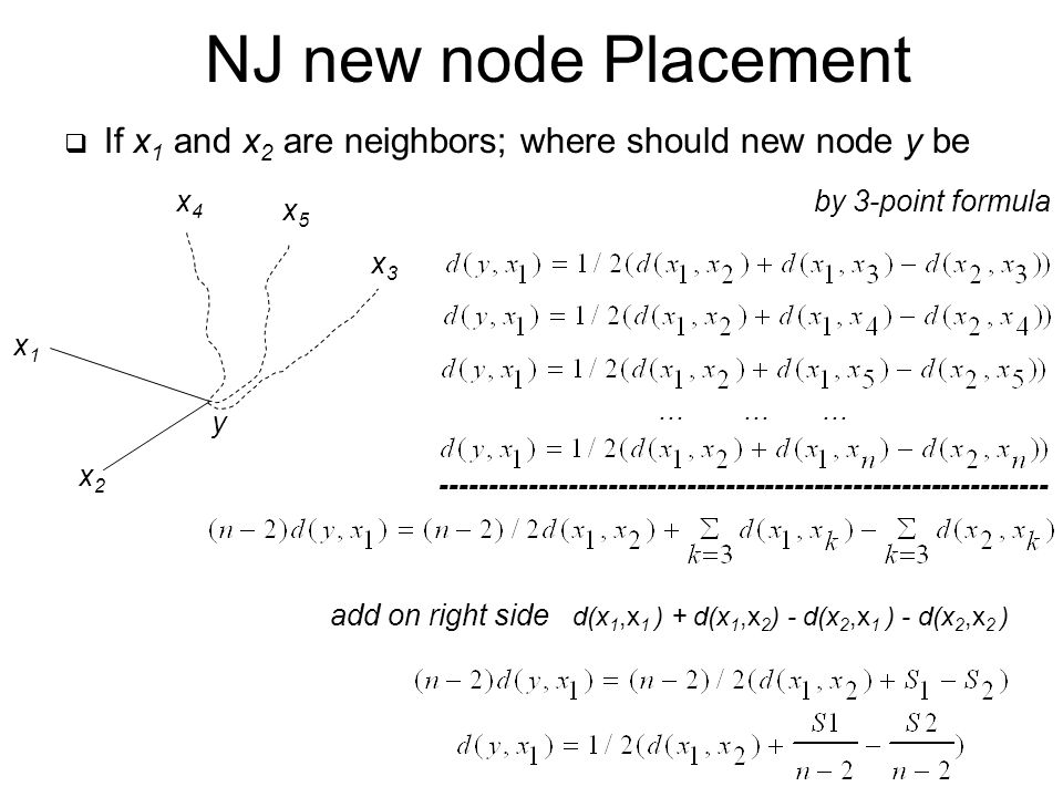  If x 1 and x 2 are neighbors; where should new node y be NJ new node Placement x2x2 x1x1 x4x4 x5x5 x3x3 y by 3-point formula … … … add on right side d(x 1,x 1 ) + d(x 1,x 2 ) - d(x 2,x 1 ) - d(x 2,x 2 )