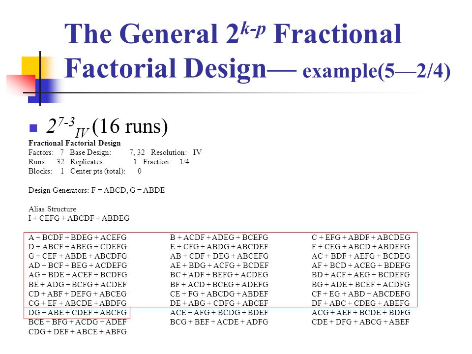 The General 2 k-p Fractional Factorial Design— example(5—2/4) IV (16 runs) Fractional Factorial Design Factors: 7 Base Design: 7, 32 Resolution: IV Runs: 32 Replicates: 1 Fraction: 1/4 Blocks: 1 Center pts (total): 0 Design Generators: F = ABCD, G = ABDE Alias Structure I + CEFG + ABCDF + ABDEG A + BCDF + BDEG + ACEFGB + ACDF + ADEG + BCEFGC + EFG + ABDF + ABCDEG D + ABCF + ABEG + CDEFGE + CFG + ABDG + ABCDEFF + CEG + ABCD + ABDEFG G + CEF + ABDE + ABCDFGAB + CDF + DEG + ABCEFGAC + BDF + AEFG + BCDEG AD + BCF + BEG + ACDEFGAE + BDG + ACFG + BCDEFAF + BCD + ACEG + BDEFG AG + BDE + ACEF + BCDFGBC + ADF + BEFG + ACDEGBD + ACF + AEG + BCDEFG BE + ADG + BCFG + ACDEFBF + ACD + BCEG + ADEFGBG + ADE + BCEF + ACDFG CD + ABF + DEFG + ABCEGCE + FG + ABCDG + ABDEFCF + EG + ABD + ABCDEFG CG + EF + ABCDE + ABDFGDE + ABG + CDFG + ABCEFDF + ABC + CDEG + ABEFG DG + ABE + CDEF + ABCFGACE + AFG + BCDG + BDEFACG + AEF + BCDE + BDFG BCE + BFG + ACDG + ADEFBCG + BEF + ACDE + ADFGCDE + DFG + ABCG + ABEF CDG + DEF + ABCE + ABFG