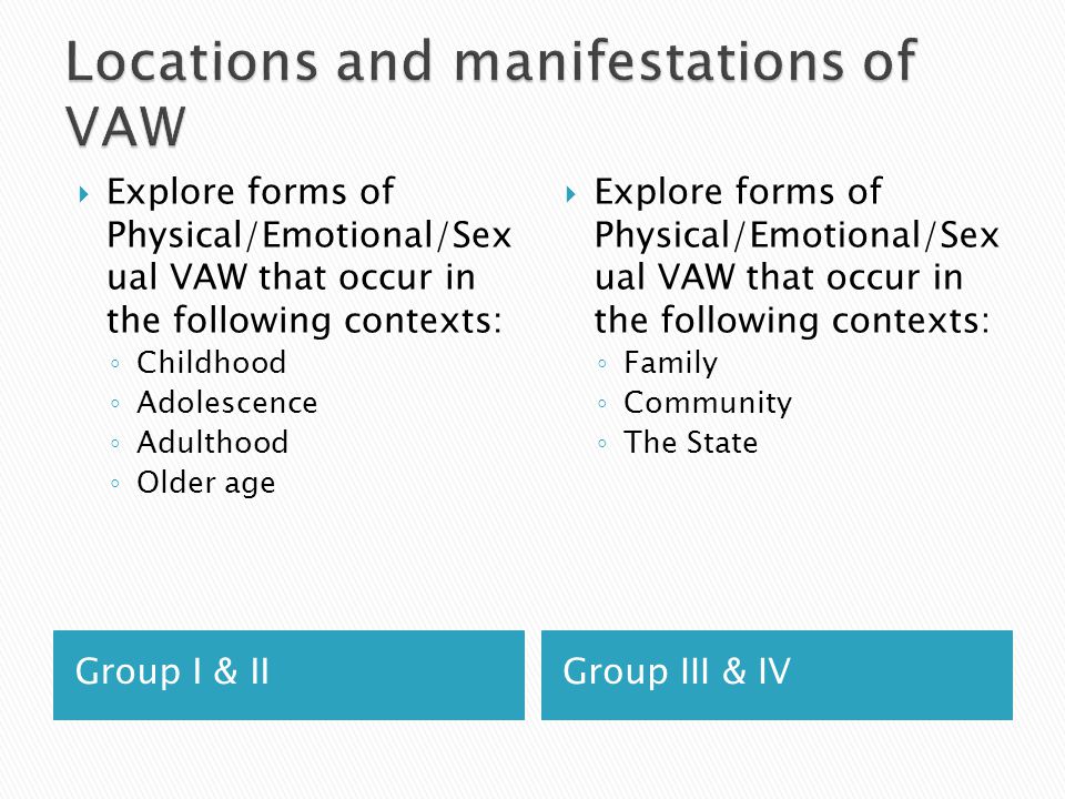 Group I & IIGroup III & IV  Explore forms of Physical/Emotional/Sex ual VAW that occur in the following contexts: ◦ Childhood ◦ Adolescence ◦ Adulthood ◦ Older age  Explore forms of Physical/Emotional/Sex ual VAW that occur in the following contexts: ◦ Family ◦ Community ◦ The State