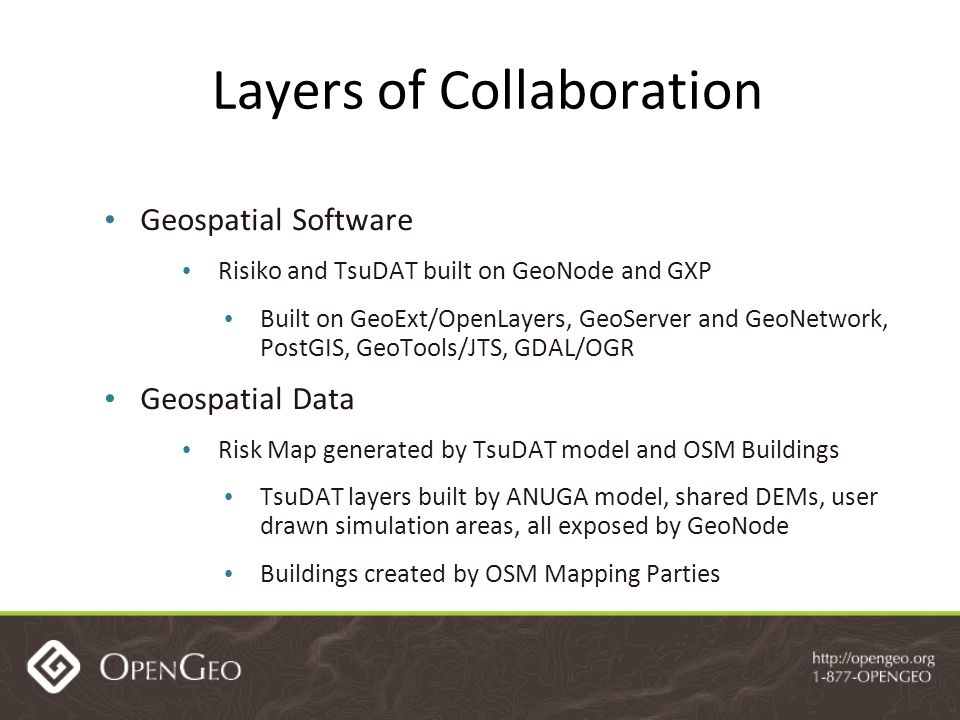 Layers of Collaboration Geospatial Software Risiko and TsuDAT built on GeoNode and GXP Built on GeoExt/OpenLayers, GeoServer and GeoNetwork, PostGIS, GeoTools/JTS, GDAL/OGR Geospatial Data Risk Map generated by TsuDAT model and OSM Buildings TsuDAT layers built by ANUGA model, shared DEMs, user drawn simulation areas, all exposed by GeoNode Buildings created by OSM Mapping Parties