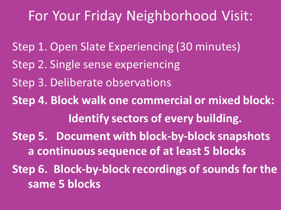 For Your Friday Neighborhood Visit: Step 1. Open Slate Experiencing (30 minutes) Step 2.