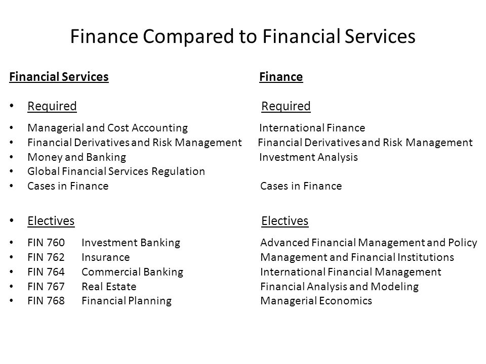 Finance Compared to Financial Services Financial Services Finance Required Required Managerial and Cost Accounting International Finance Financial Derivatives and Risk Management Financial Derivatives and Risk Management Money and Banking Investment Analysis Global Financial Services Regulation Cases in Finance Cases in Finance Electives Electives FIN 760 Investment Banking Advanced Financial Management and Policy FIN 762 Insurance Management and Financial Institutions FIN 764 Commercial Banking International Financial Management FIN 767 Real Estate Financial Analysis and Modeling FIN 768 Financial Planning Managerial Economics