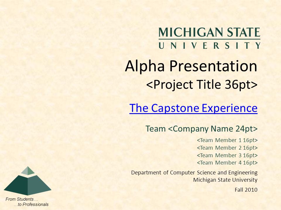 From Students… …to Professionals The Capstone Experience Alpha Presentation Team Department of Computer Science and Engineering Michigan State University Fall 2010