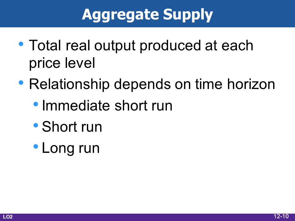 Aggregate Supply Total real output produced at each price level Relationship depends on time horizon Immediate short run Short run Long run LO