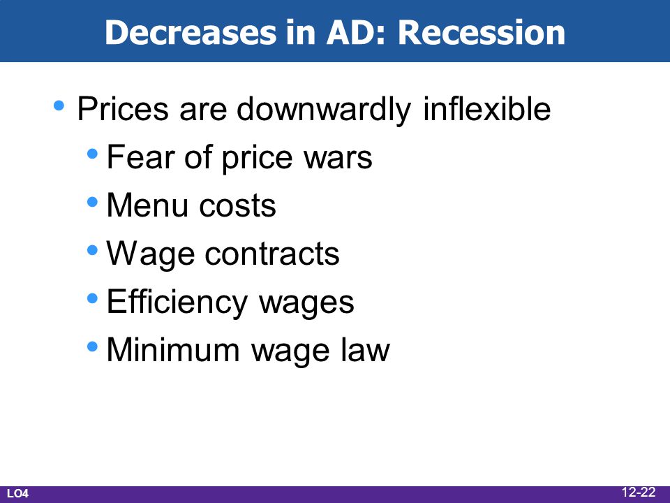 Decreases in AD: Recession Prices are downwardly inflexible Fear of price wars Menu costs Wage contracts Efficiency wages Minimum wage law LO