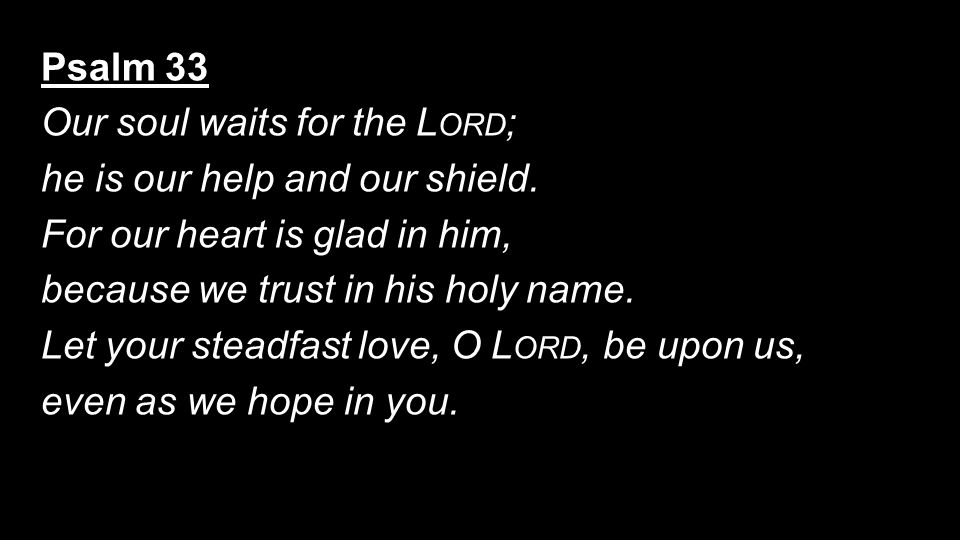Psalm 33 Our soul waits for the L ORD ; he is our help and our shield.