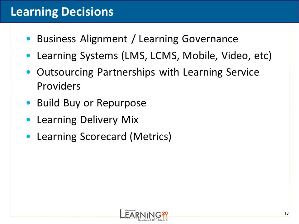 13 Learning Decisions Business Alignment / Learning Governance Learning Systems (LMS, LCMS, Mobile, Video, etc) Outsourcing Partnerships with Learning Service Providers Build Buy or Repurpose Learning Delivery Mix Learning Scorecard (Metrics)