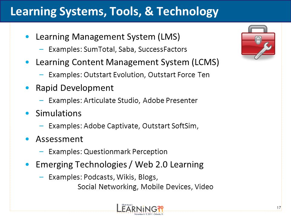 17 Learning Systems, Tools, & Technology Learning Management System (LMS) –Examples: SumTotal, Saba, SuccessFactors Learning Content Management System (LCMS) –Examples: Outstart Evolution, Outstart Force Ten Rapid Development –Examples: Articulate Studio, Adobe Presenter Simulations –Examples: Adobe Captivate, Outstart SoftSim, Assessment –Examples: Questionmark Perception Emerging Technologies / Web 2.0 Learning –Examples: Podcasts, Wikis, Blogs, Social Networking, Mobile Devices, Video