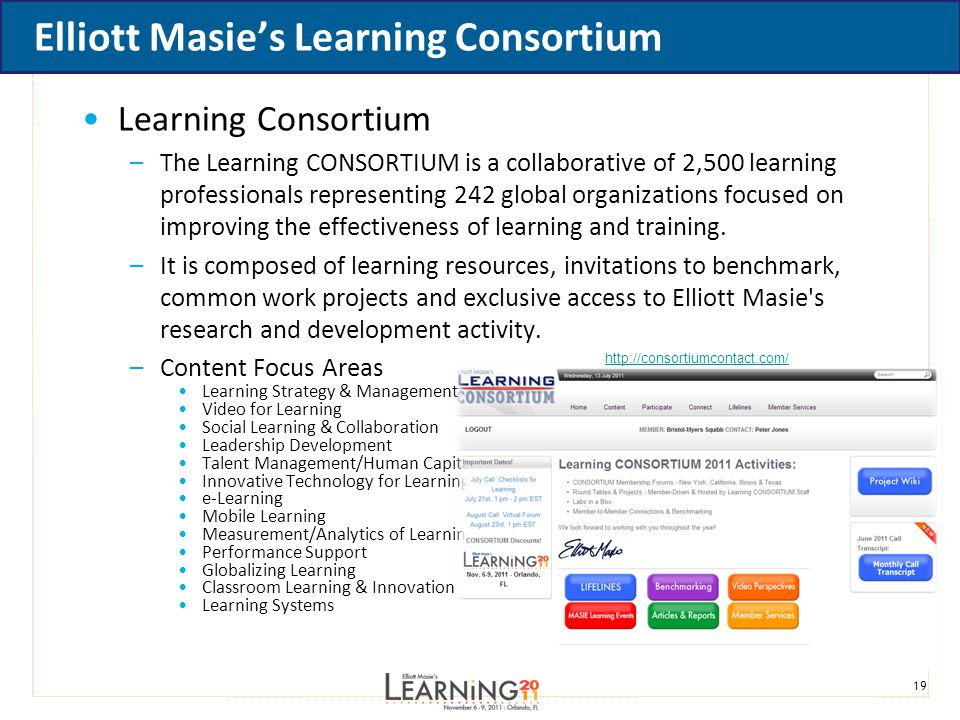 19 Elliott Masie’s Learning Consortium Learning Consortium –The Learning CONSORTIUM is a collaborative of 2,500 learning professionals representing 242 global organizations focused on improving the effectiveness of learning and training.