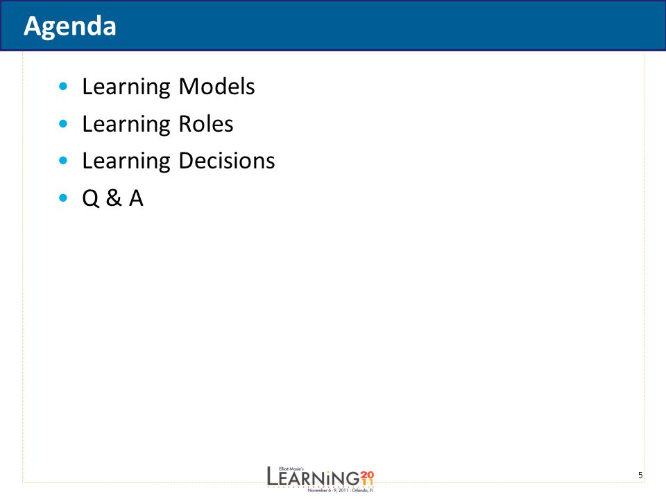 5 Agenda Learning Models Learning Roles Learning Decisions Q & A