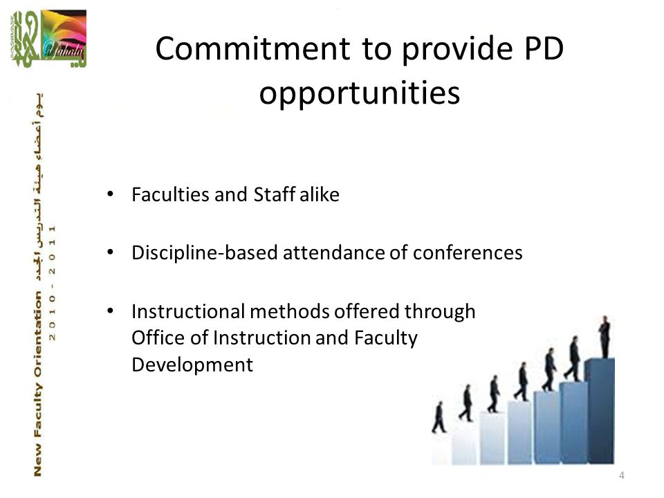 Commitment to provide PD opportunities 4 Faculties and Staff alike Discipline-based attendance of conferences Instructional methods offered through Office of Instruction and Faculty Development