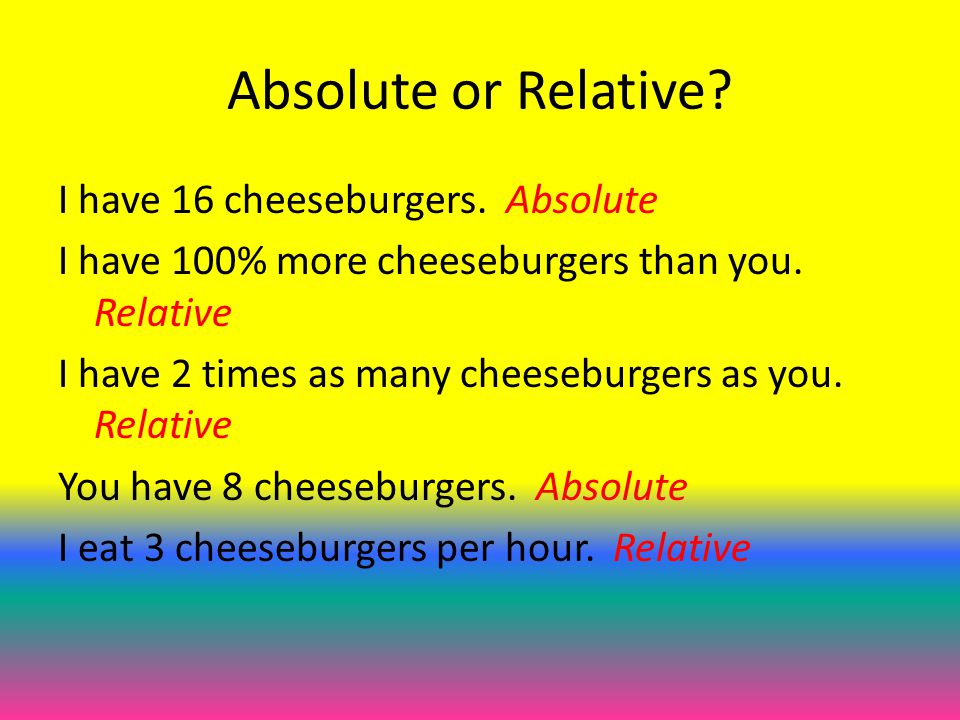 Absolute or Relative. I have 16 cheeseburgers. Absolute I have 100% more cheeseburgers than you.
