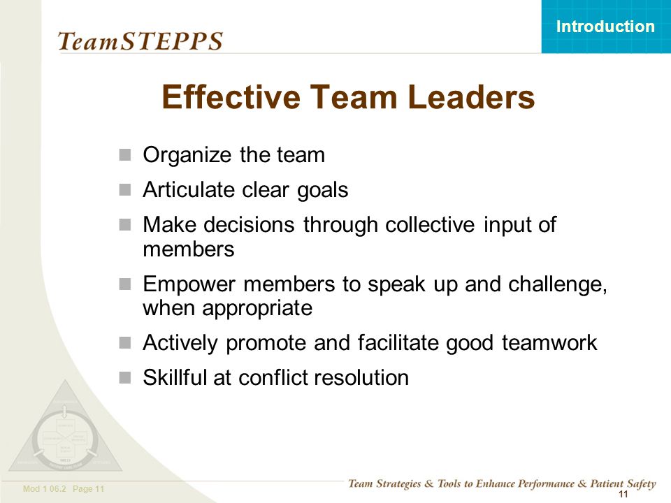 T EAM STEPPS 05.2 Mod Page 11 Introduction Mod Page Effective Team Leaders Organize the team Articulate clear goals Make decisions through collective input of members Empower members to speak up and challenge, when appropriate Actively promote and facilitate good teamwork Skillful at conflict resolution