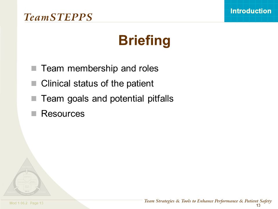 T EAM STEPPS 05.2 Mod Page 13 Introduction Mod Page Briefing Team membership and roles Clinical status of the patient Team goals and potential pitfalls Resources