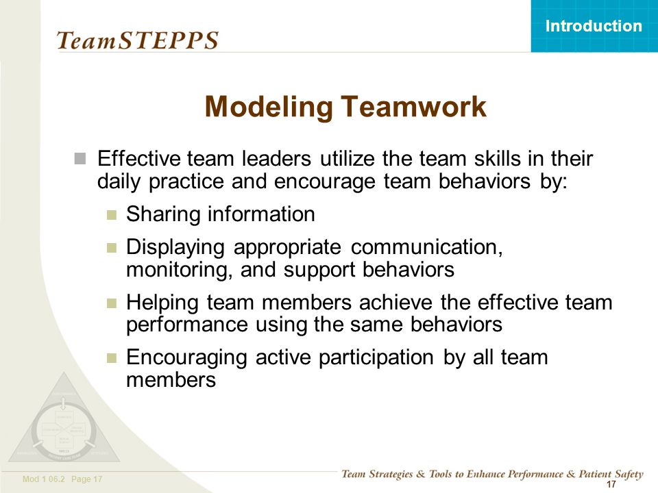 T EAM STEPPS 05.2 Mod Page 17 Introduction Mod Page Modeling Teamwork Effective team leaders utilize the team skills in their daily practice and encourage team behaviors by: Sharing information Displaying appropriate communication, monitoring, and support behaviors Helping team members achieve the effective team performance using the same behaviors Encouraging active participation by all team members