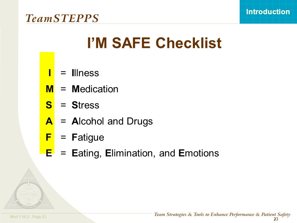 T EAM STEPPS 05.2 Mod Page 23 Introduction Mod Page I’M SAFE Checklist I=Illness M=Medication S=Stress A=Alcohol and Drugs F=Fatigue E=Eating, Elimination, and Emotions