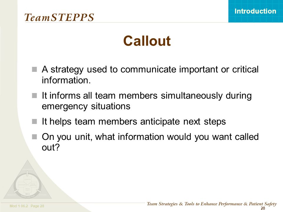 T EAM STEPPS 05.2 Mod Page 28 Introduction Mod Page Callout A strategy used to communicate important or critical information.