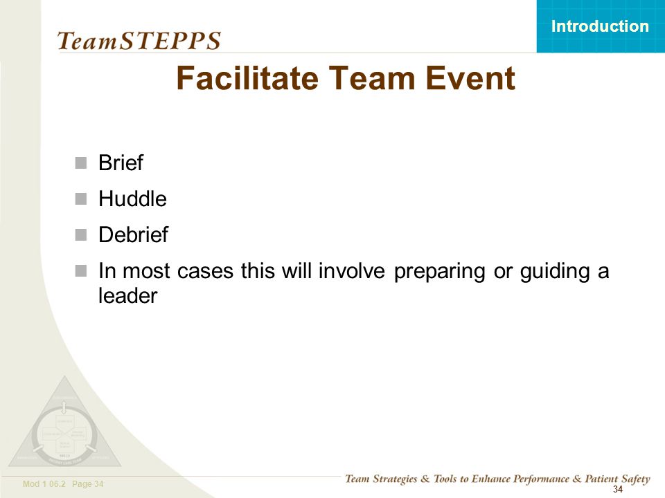 T EAM STEPPS 05.2 Mod Page 34 Introduction Mod Page 34 Facilitate Team Event Brief Huddle Debrief In most cases this will involve preparing or guiding a leader 34