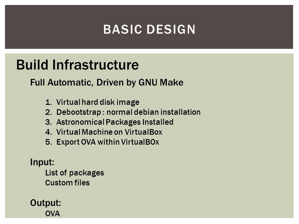BASIC DESIGN Build Infrastructure Full Automatic, Driven by GNU Make 1.Virtual hard disk image 2.Debootstrap : normal debian installation 3.Astronomical Packages Installed 4.Virtual Machine on VirtualBox 5.Export OVA within VirtualBOx Input: List of packages Custom files Output: OVA