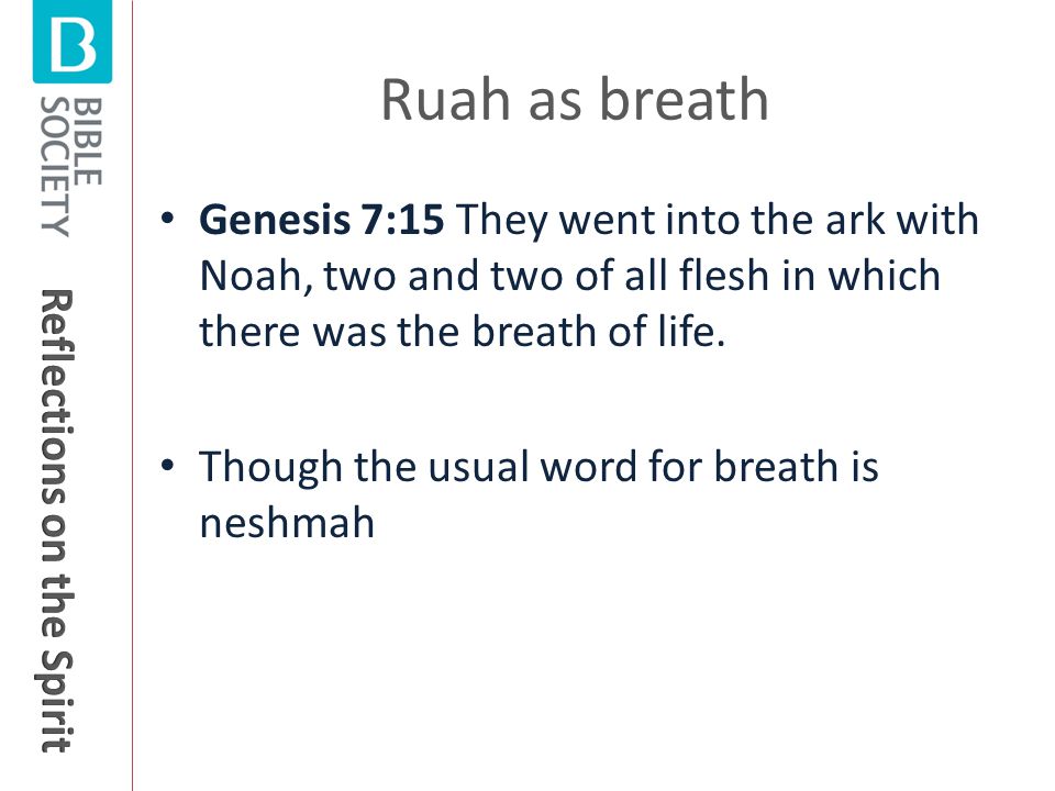 Ruah as breath Genesis 7:15 They went into the ark with Noah, two and two of all flesh in which there was the breath of life.