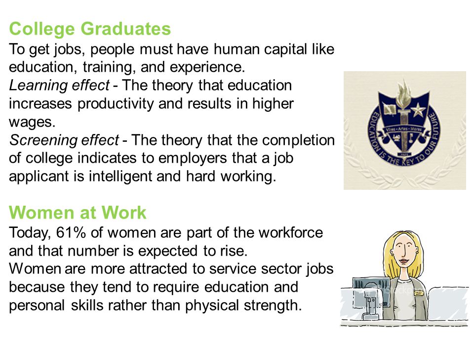College Graduates To get jobs, people must have human capital like education, training, and experience.
